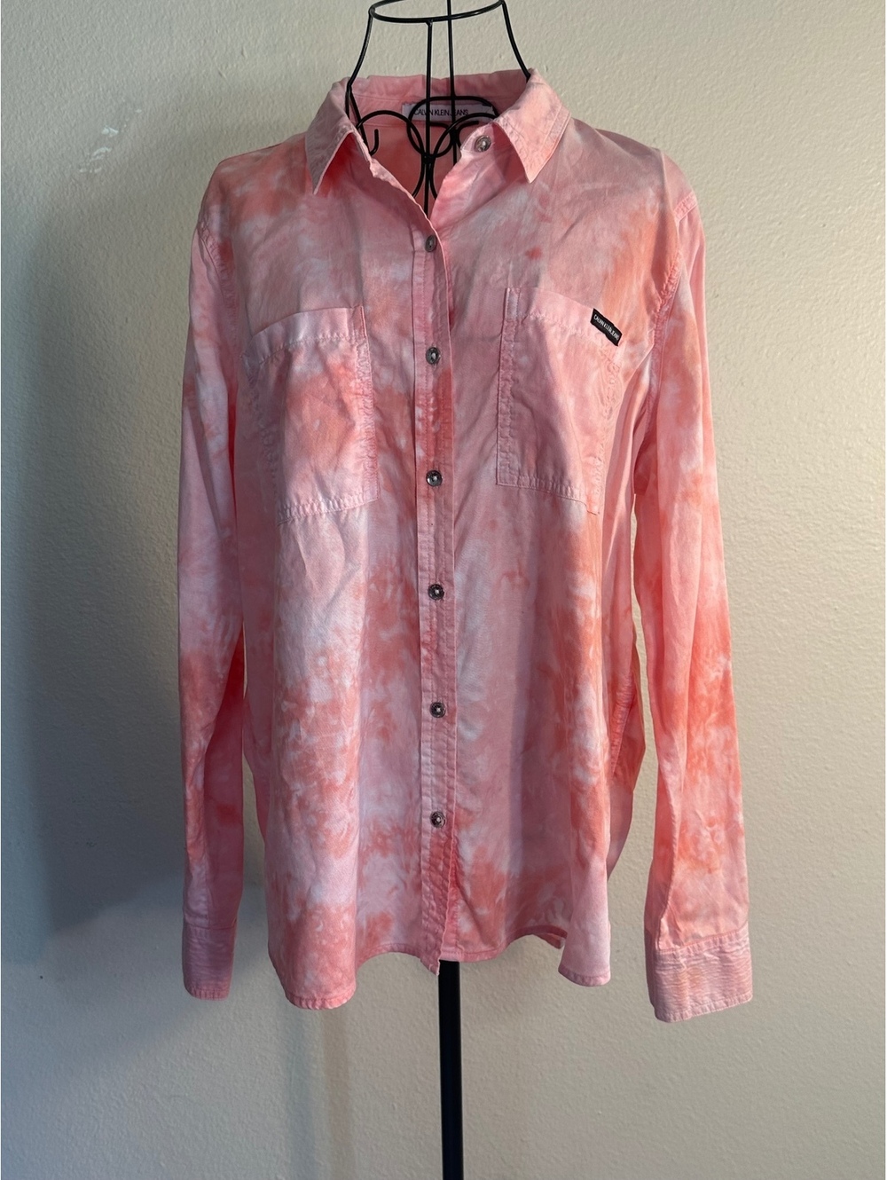 Calvin Klein Jeans Peach Pink Tie Dye Button Up Long Sleeve Roll Tab Sleeve